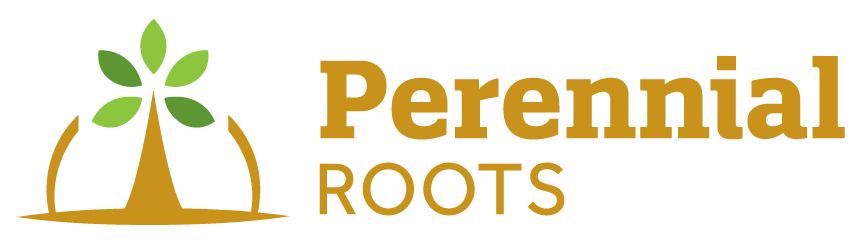 Perennial Roots logo with a graphic of a tree growing out of a half circle.