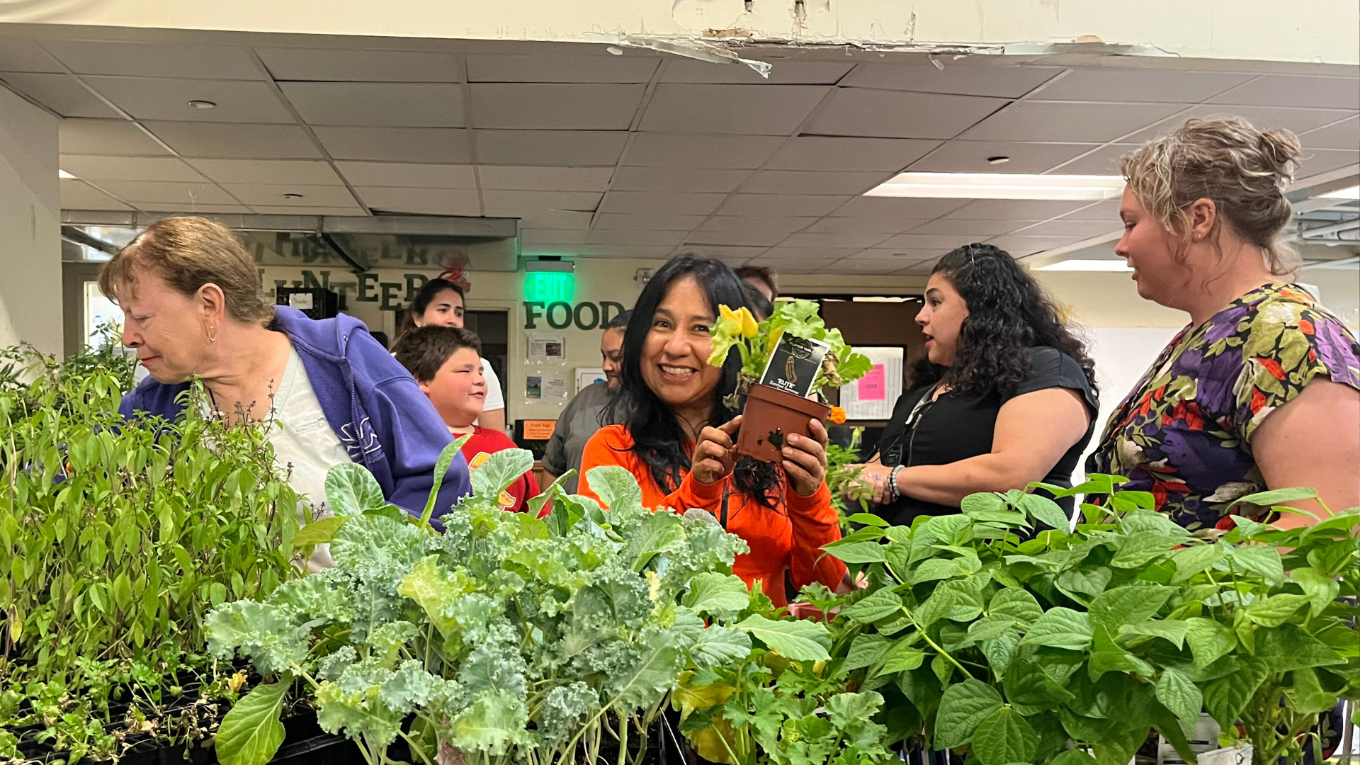 People gather around a bunch of leafy green plants. One person in the middle holds up a plant next to her face smiling.