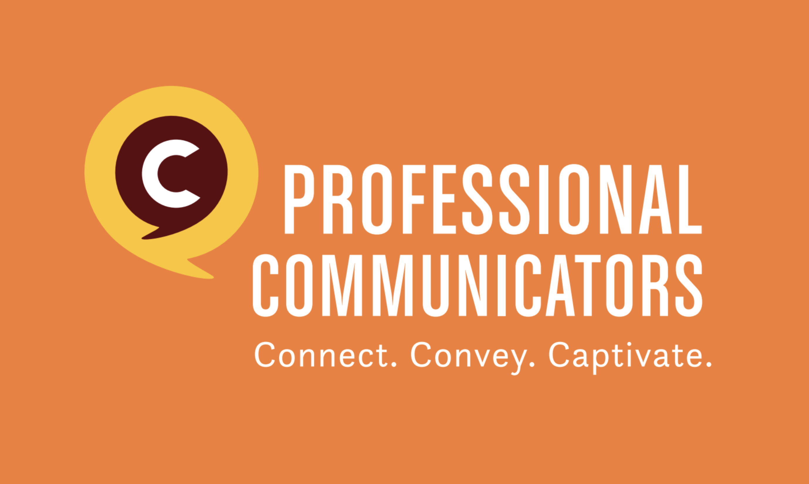 Professional Communicators logo with a letter C inside two overlapping speech bubbles. The tagline reads "Connect. Convey. Captivate."