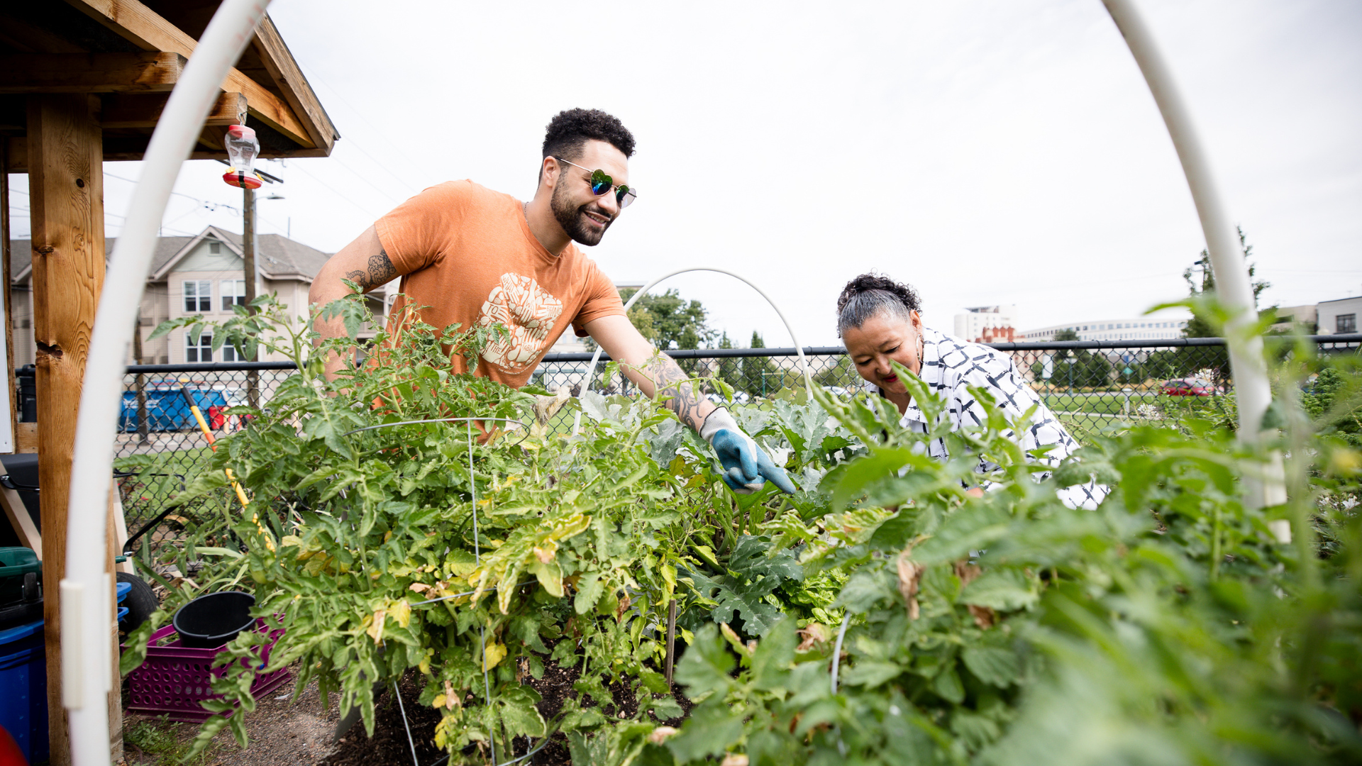 Two gardeners tend to a community garden plot. Both of them are smiling, while one (who is wearing heart shaped sunglasses) is pointing to something in the bed.