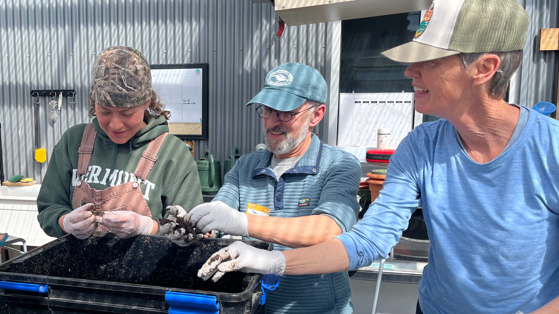 Three people dig through a compost bin with worms.