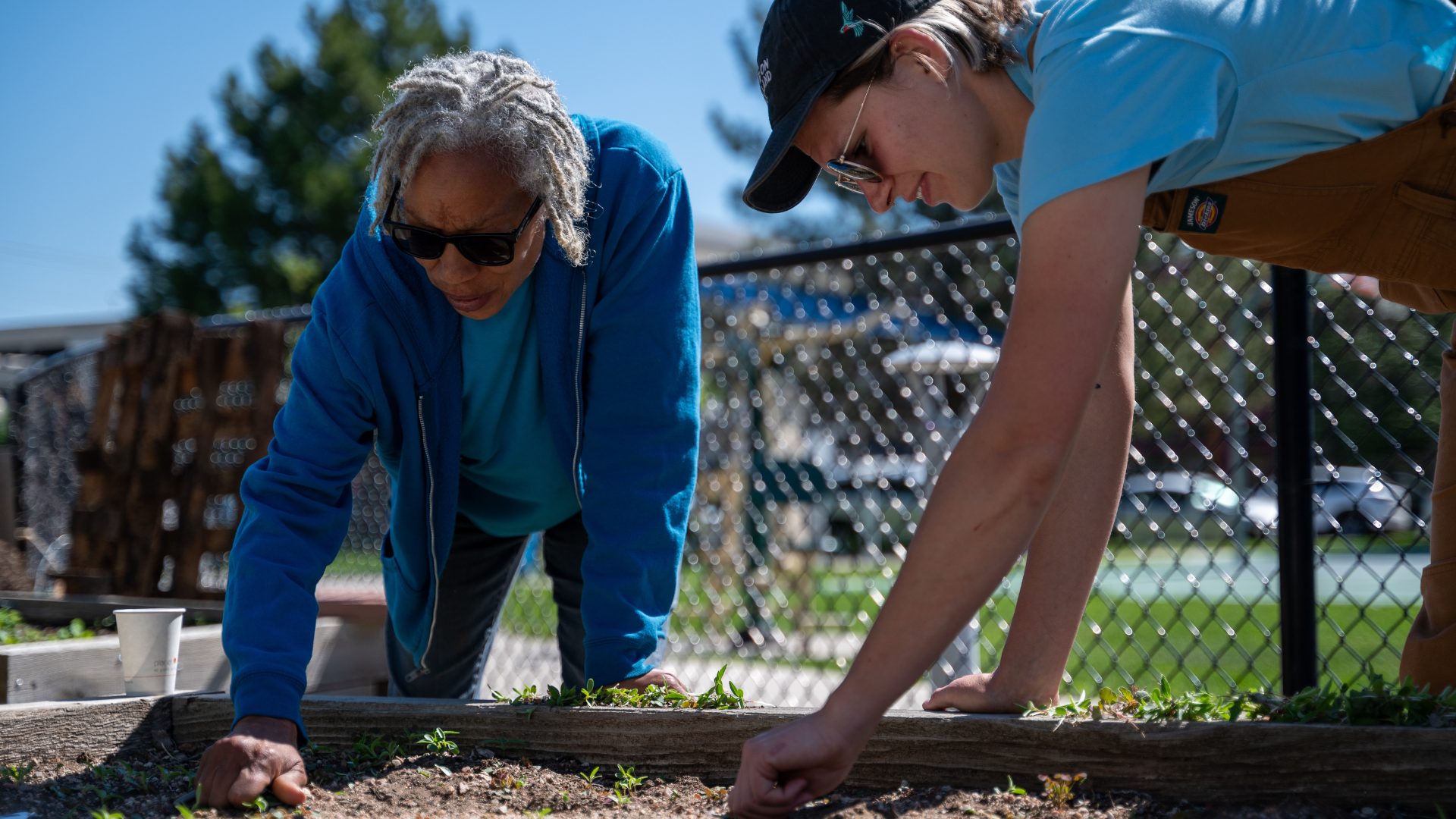 Eve and Roh are hunched over a garden bed weeding it to prepare it for the growing season.