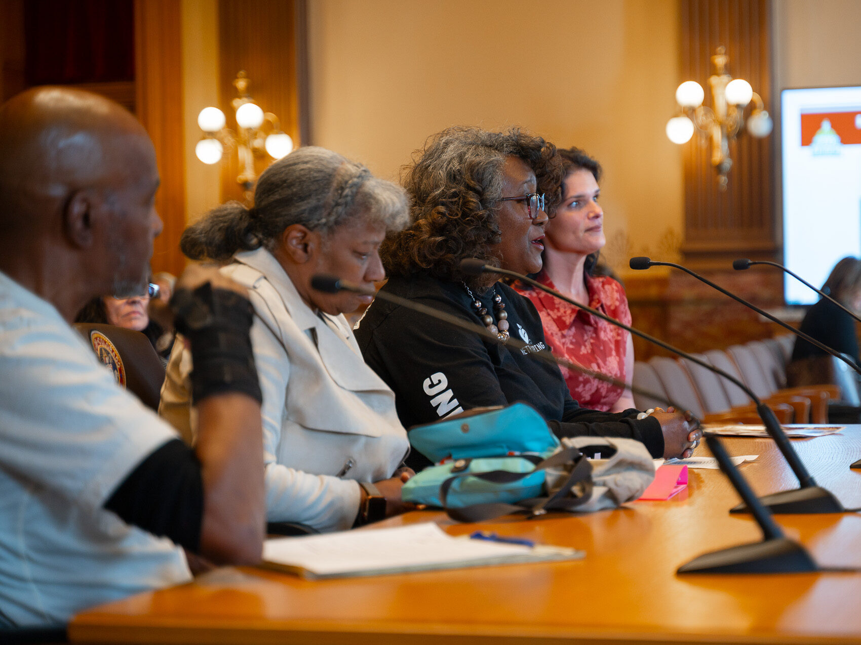 Community leaders sit at the testimony table in the Old Supreme Court room of the Capitol.