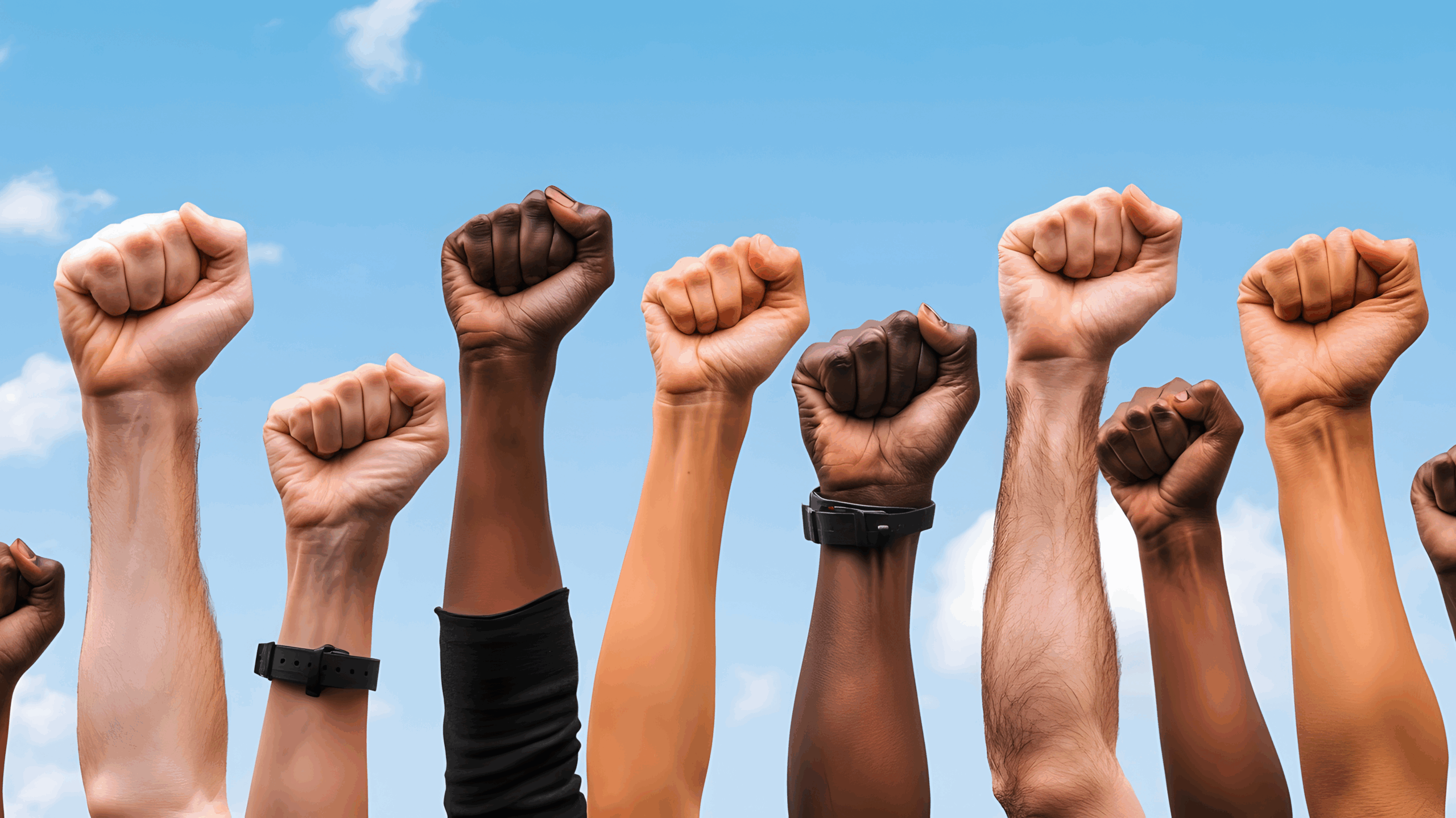 Diverse Group of Fists Raised in Protest