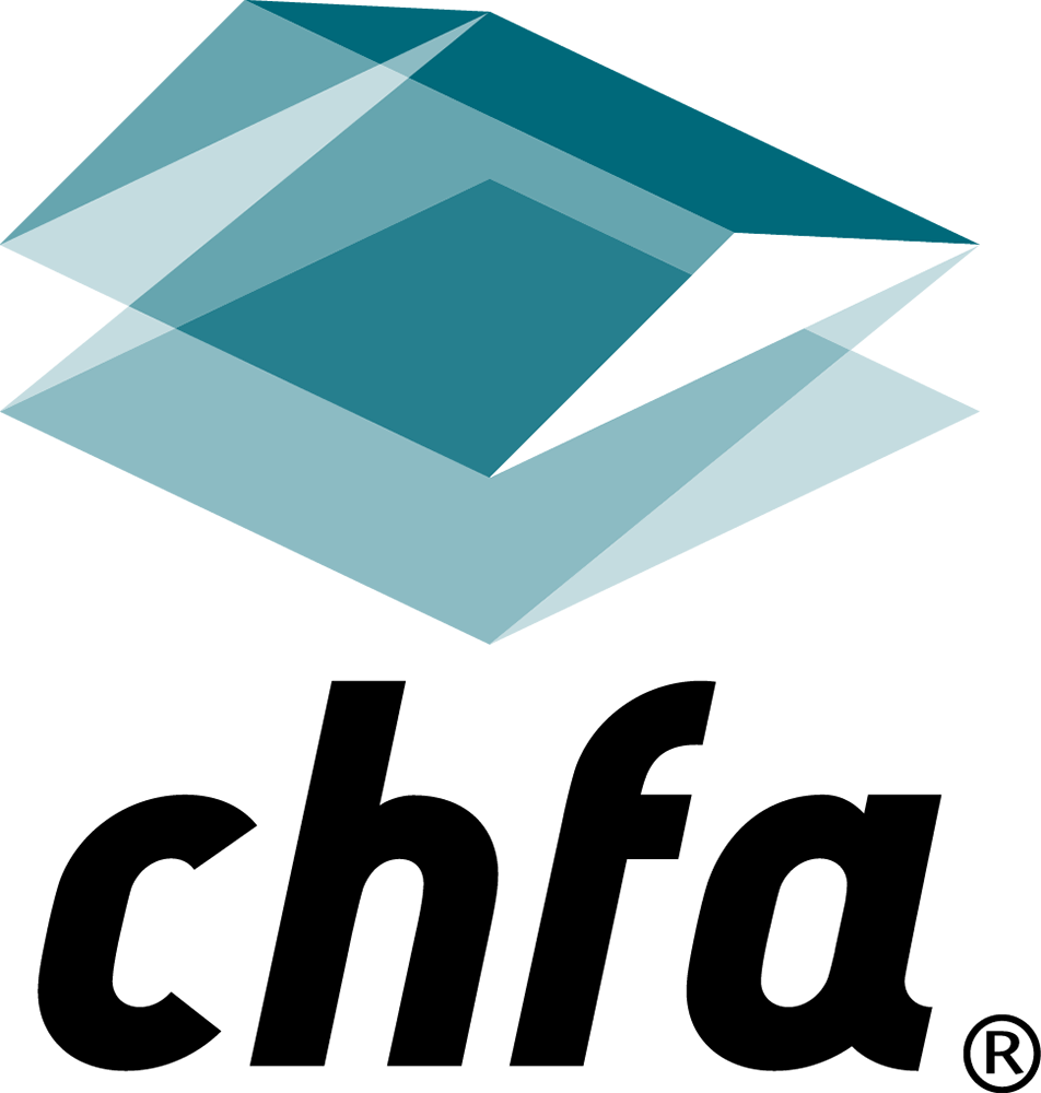 CHFA logo with lowercase acronym below a abstract blue roof icon above.