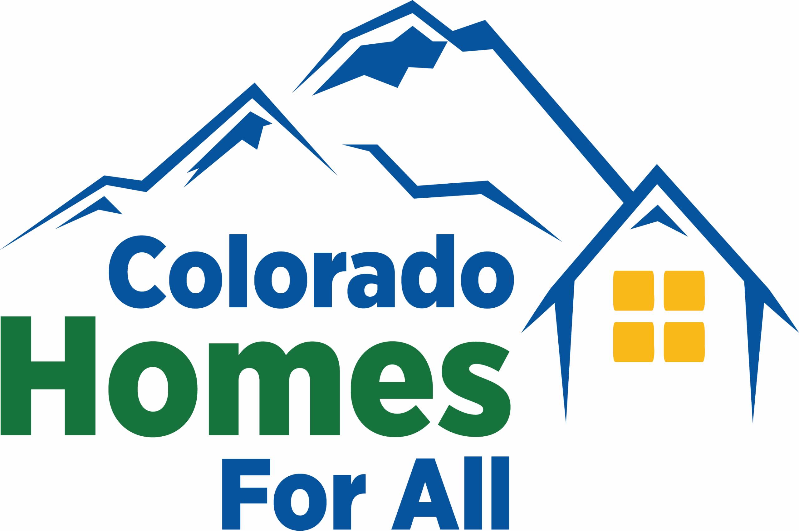 Colorado Homes for All Logo of a home with yellow windows with mountains in the background. 