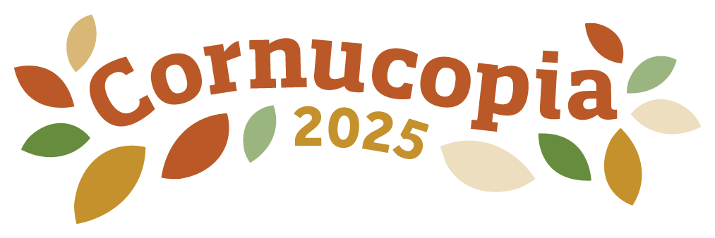 Cornucopia logo with the word in a slight wave surrounded by fall colored leaves with 2025 beneath it.