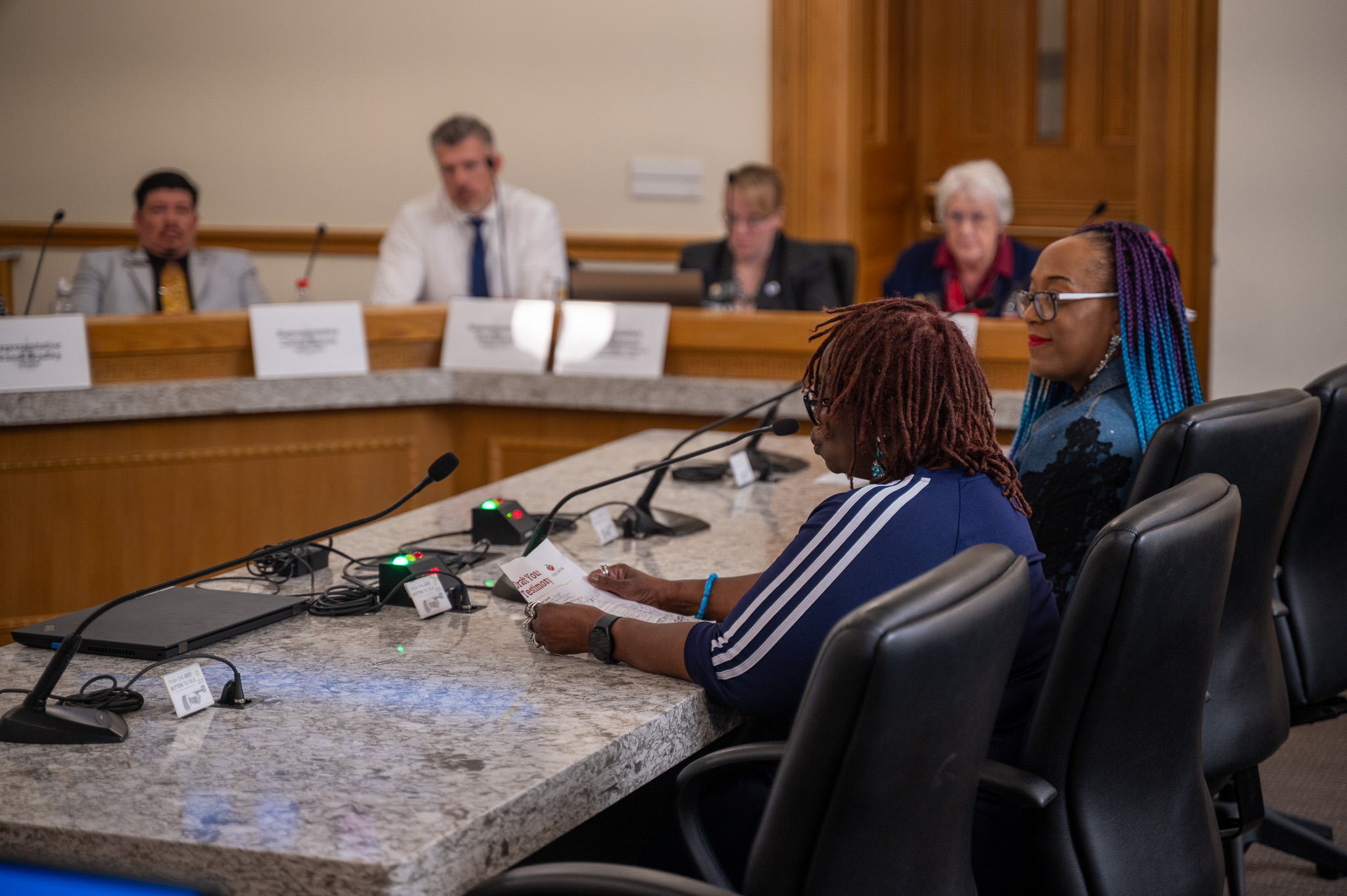 Black Maternal Health Testimony Miss Elaine sits at a marble slap table sharing testimony in front of the House Committee on Health and Human Services.
