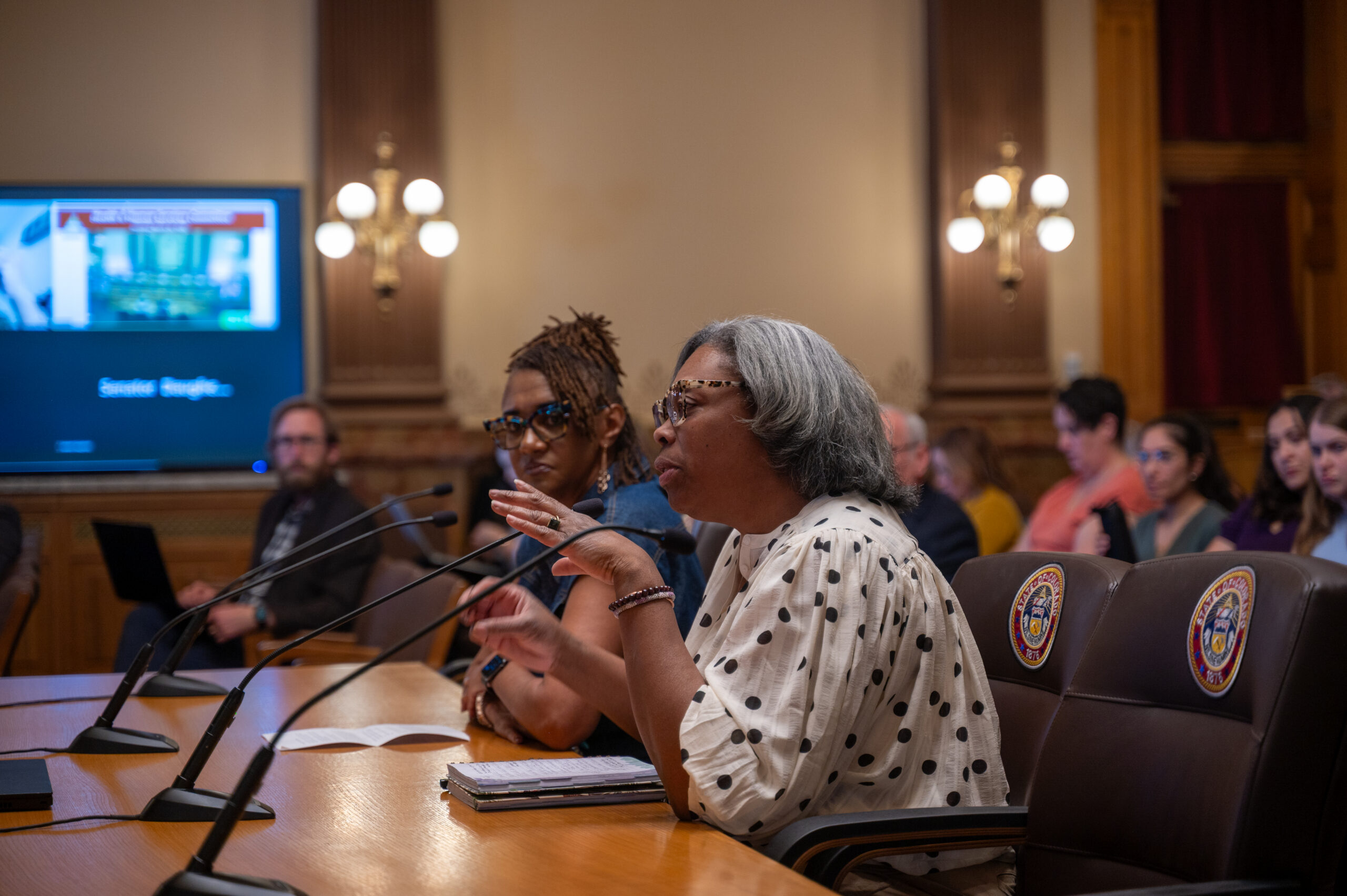 A Black woman speaks into the microphone while sitting at a long wooden table in the Capitol building. Her hand is raised to emphasize the point she's making. 