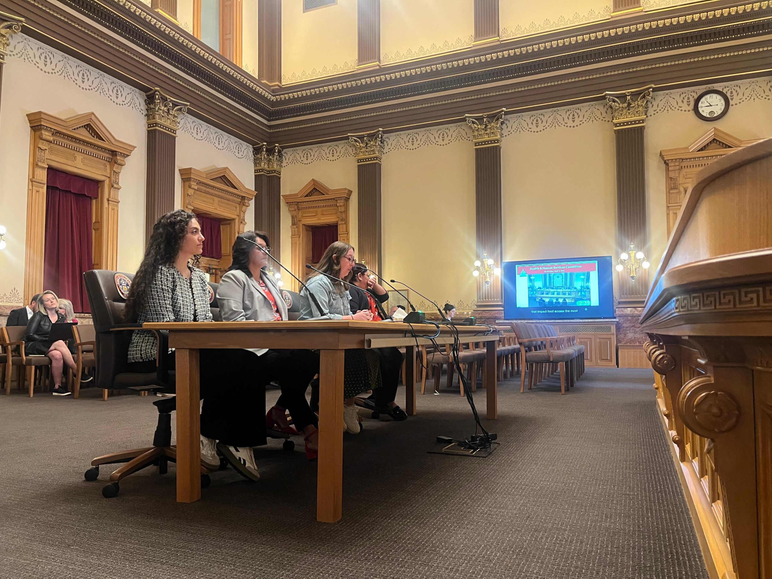 A young woman sits with three other people at a long table with microphones at each seat in the tall ceiling Senate committee chamber.