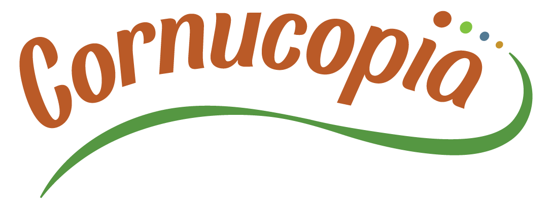 Cornucopia logo with a swoopy wavy design and small colorful dots trailing down starting as the dot to the i character.